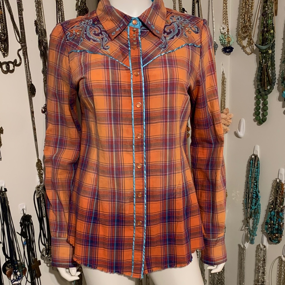 Roar Orange and Blue Embroidered Plaid Shirt